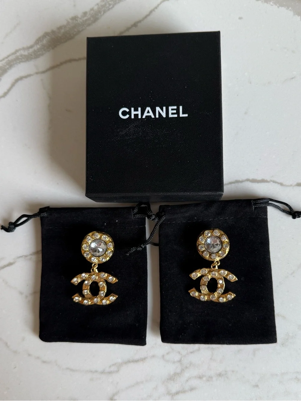 Chanel Vintage Dangle Crystal Gold Plated Clip On Earrings 1980’s